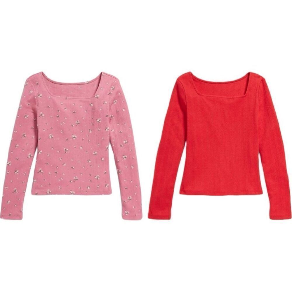 Youth Girls Old Navy Long Sleeve Square Pointelle Ribbed Knit Tops - Sz S 6/7